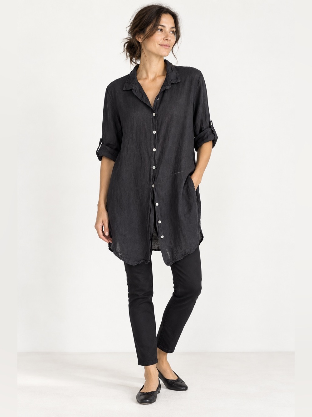 New Collection 100% Linen Long Button-Up Tunic Shirt Black Made in Italy(M-L)